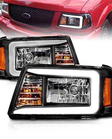 AmeriLite For 2001-2011 Ford Ranger Led, Halogen, Tube Replacement Pickup Truck Headlights with Corner Lamp Set - Passenger and Driver Side, Vehicle Light Assembly, Black