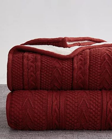 Longhui bedding Wine Red 50 x 63 Inches Acrylic Cable Knit Sherpa Throw Blanket - Thick, Soft, Big, Cozy Knitted Fleece Blankets for Couch, Sofa, Bed - Large Coverlet All Season, Burgundy Color