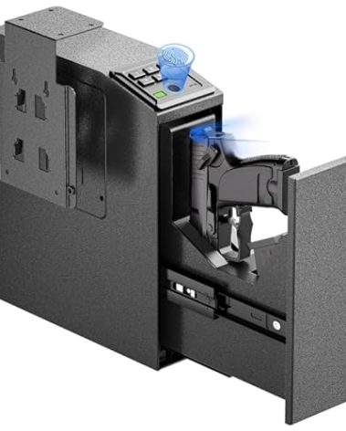UEAKPIC Mounted Gun Safe for Handgun with Quick Access Sliding Door, Biometric Nightstand Pistol Lock Box with Security Fingerprint, Key Access, PIN Code for Car, Bedroom, Desk and Walls