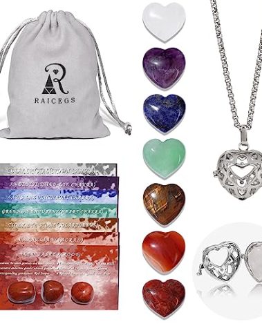 Raicegs Heart Shaped Crystals and Healing Stones 7 Chakra Crystal Necklace 0.8 inch Heart Gemstones Natural Stones Necklaces for Women Spiritual Gift for Women Teen Gir
