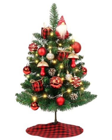 HOMDAILY Mini Small Christmas Tree with Lights, 2ft Artificial Small Table Top Christmas Tree with Gnome, Ball Ornaments and Buffalo Plaid Tree Skirt, 24 Pcs DIY Xmas Trees Decor for Toddler, Kids