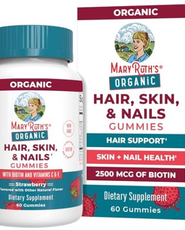 MaryRuth's Hair Skin and Nail Vitamins | USDA Organic | 2500 mcg Biotin Gummies with Vitamin C & Vitamin E | Hair Growth Vitamins | Skin Care | Nail Growth | Ages 14+ | 60 Count