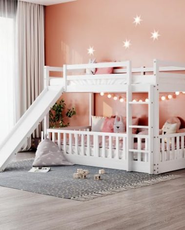 Bellemave Twin Over Twin Floor Bunk Bed with Slide and Ladder, Low Bunk Bed for Kids, Girls, Boys, Removable Fence, White with Fence
