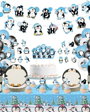 Yaomiao 133 Pcs Penguin Party Decorations Include Happy Penguin Birthday Banner Balloons Cake Topper Tablecloth Paper Plates Cups Cutlery for Baby Shower Party Supplies(Cool)