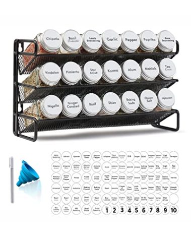 SpaceAid Spice Rack Organizer with 21 Spice Jars, 386 Spice Labels, Chalk Marker and Funnel Set for Cabinet, Countertop, Pantry, Cupboard or Door & Wall Mount - 21 Jars, 13.4" W × 9" H, White