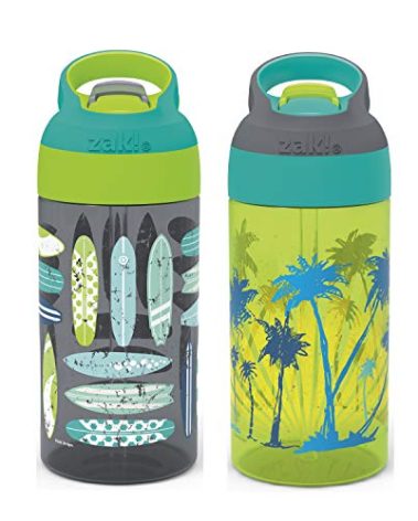 Zak Designs 16oz Riverside Beach Life Kids Water Bottle with Straw and Built in Carrying Loop Made of Durable Plastic, Leak-Proof Design for Travel, 2PK Set