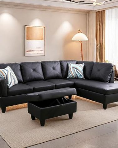 GlasFlength L Shaped Sectional Couches, Modern Convertible Lounge Leather Sofa with Ottoman Storage, Comfy Modular Sectional Sofa for Living Room Furniture Sets, Small Spaces, Black