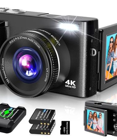 4K Digital Camera for Photography Autofocus, 2025 Latest 48MP Vlogging Camera for YouTube with SD Card, 2 Batteries, 3" 180°Flip Screen Compact Travel Camera for Teens with 16X Zoom, Anti-Shake,Black