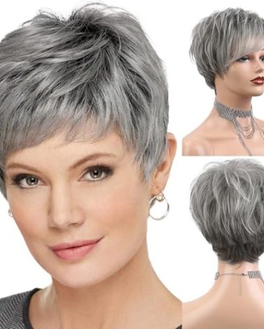 HAIRCUBE Easy Care Wigs Pixie Cut Human Hair Wigs for Women Pretty Short Gray Wigs for Women Natural Realistic