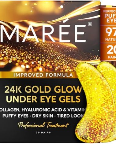 MAREE 24k Gold Glow Under Eye Gels for Dark Circles and Puffiness - Cooling Collagen & Hyaluronic Acid Skincare Gel Pads - Gold Eye Patches for Puffy Eyes and Dark Circles - Under Eye Masks