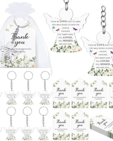 Equsion 60 Set Funeral Favors Celebration of Life Favors Acrylic Keychains for Funeral Memorial Party Guest Return Gifts(Angel)