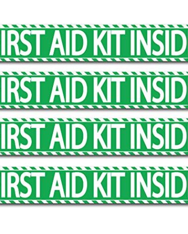 (4 pack) First Aid Kit Inside Stickers 1.5" x 9" Self Adhesive Industrial Vinyl Decal Signs For Trucks, Equipment, or Business