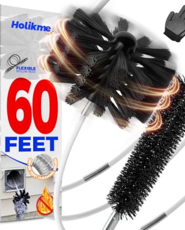 Holikme 60 Feet Dryer Vent Cleaner Kit,Lint Remover Flexible Brush and Drill Attachment Extends Up to 60Feet, 2 Synthetic Brush Head Use with or Without a Power Drill