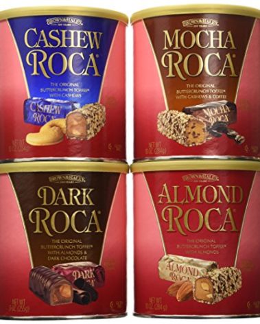 Brown & Haley Variety Pack - Dark Chocolate ROCA, Almond ROCA, Cashew ROCA and Mocha ROCA - Individually Wrapped Chocolate for Sharing or Gifting - Gift Bag Included - 10oz Canister, 4 Pack