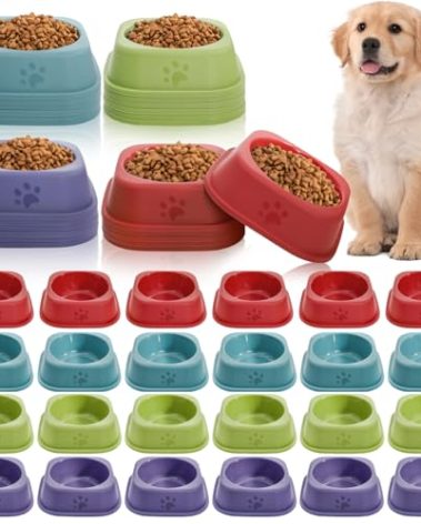 Acshio 24 Pack Plastic Dog Bowls, 10 Oz Reusableb Bulk Pet Feeding Food Water Bowls, Colorful Puppy Dogs Birthday Party Supplies Food Dishes for Cat, Dog, 4 Colors