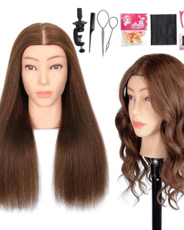 MQHIHI Mannequin Head Human Hair, 100% Real Hair Cosmetology Manikin Head for Practice Braiding Hairstyling Cutting with Free Clamp Holder and Tools (100% Brown)