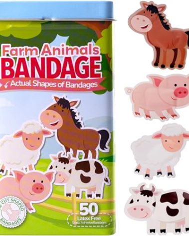 BioSwiss Kids Bandages, Farm Animal Shaped Self Adhesive Bandage Set, Latex Free, Sterile Wound Care, 50 Count