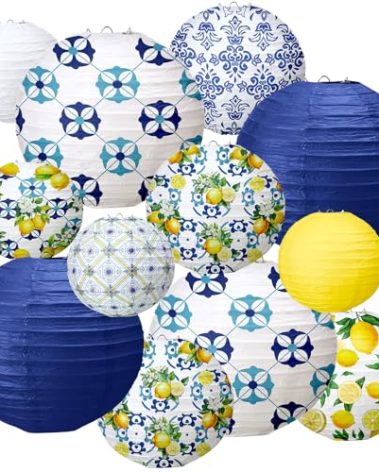 Rossesay 12 Pcs Paper Lantern Kit Amalfi Coast Capri Positano Lemon Party Supplies Summer Mediterranean Decorations Yellow Green White Lemon Pattern for Baby Shower Wedding Birthday Decorations