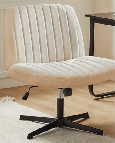DUMOS Criss Cross Chair No Wheels Wide Cross Legged Office Desk Vanity Chair Comfy Fabric Armless Adjustable Swivel for Home Computer Task (Beige)