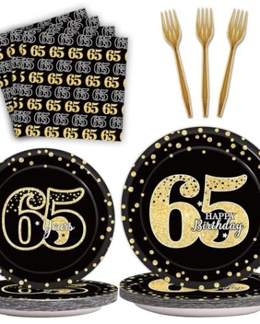 96 Pcs 65th Birthday Decorations for Men 65th Birthday Plates and Napkins Paper Cake Tableware Cheers to 65 Years Old Table Supplies Dinnerware Black Gold Happy Party Favor Decor Women 24 Guests