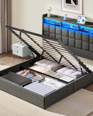 Driftalia Lift Up King Size Bed Frame with Storage, Upholstered King Bed Frame with Charging Station and LED Lights Headboard, No Box Spring Needed, Easy Assembly - Dark Grey