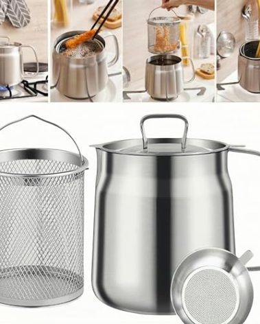 50oz 304 Stainless Steel Deep Fryer Pot with Basket & Strainer, Large Capacity Bacon Grease Container for Kitchen,Frying, Cooking, Camping,Oil Filter Container - Dishwasher Safe (50oz/1.5L/1.7Qt)