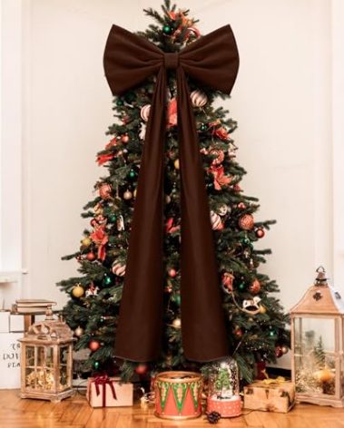 Knitgrip 20 x 71 Inches Christmas Extra Large Velvet Bows Christmas Tree Topper Decor Giant Xmas Tree Toppers Bows for Home Wreath Wall Backdrop Birthday Wedding Party Decorations(Chocolate Brown)