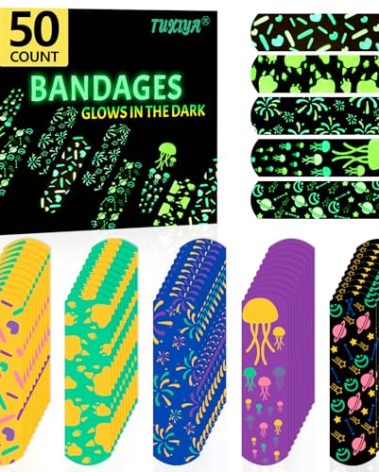 50 Count Kids Bandaids, Glow in The Dark & Waterproof Bandages, One Size Cute Bandaids for Kids and Adults, 5 Styles Adhesive Bandages for Minor Cuts, Scrapes, Wounds and First Aid