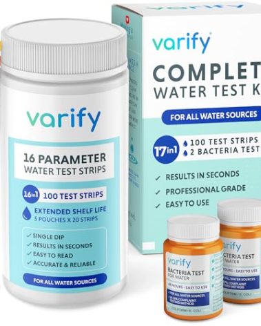 Varify 17in1 Complete Drinking Water Test Kit - 100 Strips + 2 Bacteria Tester Kits - Well, Tap, Home, City Water Testing Strip for Lead, Alkaline, Chlorine, Hardness, Iron, Fluoride, Copper & More