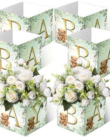 Bucherry 6 Pcs Baby Shower Party Decorations Baby Flower Boxes Centerpiece Rustic Table Display with Letters Gender Reveal Party Favor Block Holder(Green,Green Bear)