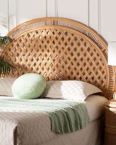 bali & pari Isabel Rattan Headboard - Handwoven Wicker Headboard Panel with Diamond Weave Pattern, Light Honey, Lightweight Coastal Bedroom Décor, Queen Size
