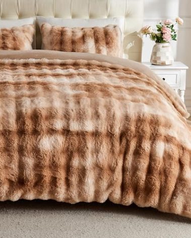 Lotus Karen Fluffy Comforter Cover Set-Rabbit Fluff Faux Fur Duvet Cover Queen Size,Tie-Dye Coffee Plush Fuzzy Furry Bedding Sets 3Pieces(1 Duvet Cover & 2 Pillow Shams),Zipper Closure