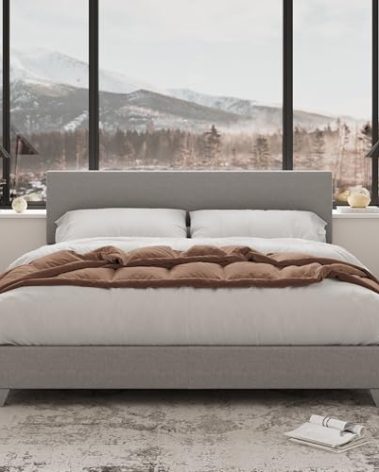 Allewie Full Size Bed Frame with Adjustable Headboard, Upholstered Platform Bed with Wood Slats, Heavy Duty Mattress Foundation, No Box Spring Needed, Noise-Free, Easy Assembly, Light Grey