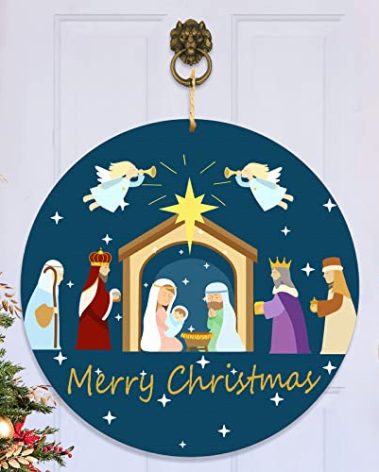 Nativity Scene Wooden Door Decor Merry Christmas Wreath Sign Holy Nativity Wreath Religious Nativity Door Decoration Christmas Farmhouse Wall Hanging Decorations with Rope for Home