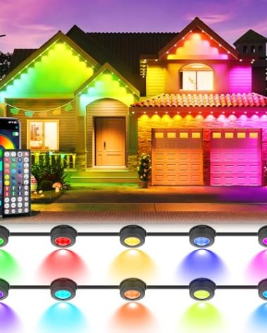 50FT Permanent Outdoor Lights, Waterproof 2-in-1 Eaves & Ground Stakes LED String Lights with App/Remote Control for House, Garden– Smart Color-Changing Lighting for Halloween Christmas Decorations