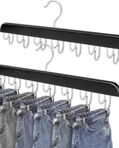 Jean Organizer for Closet, Jeans Hanger, 14 Hooks Wood Hanger for Jeans, Pants Hangers Space Saving-1 Pack