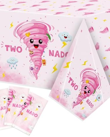 Two Nado Party Tablecloths - 3Pcs Pink Tornado Birthday Party Table Covers Decorations, Cute Two Nado Themed Rectangular Plastic Disposable Table Cloth Decor for Baby Girls 2nd Birthday Baby Shower