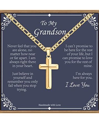 IEFLIFE Grandson Gifts - Birthday Gifts for Grandson Men from Grandma, Gold Cross Necklace Figaro Chain Cross Necklace for Men