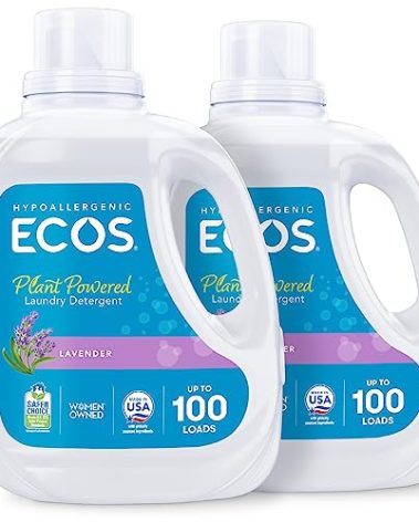 ECOS Laundry Detergent Liquid, 200 Loads - Dermatologist Tested Laundry Soap - Hypoallergenic, EPA Safer Choice Certified, Plant-Powered - Lavender, 100 Fl Oz (Pack of 2)