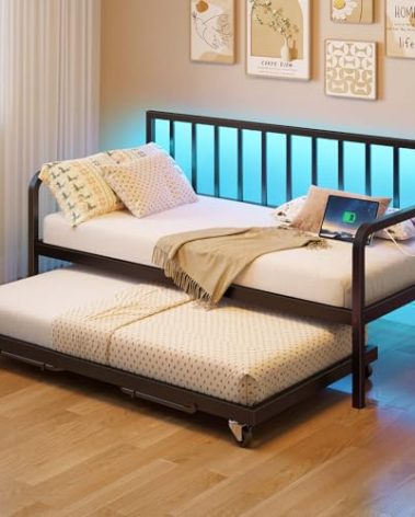 Rolanstar Daybed with Charging Station and LED Lights, Height Adjustable Twin Daybed with Trundle, Metal Sofa Bed Frame with Steel Slat Support for Living Room, Bedroom and Guest Room, Black