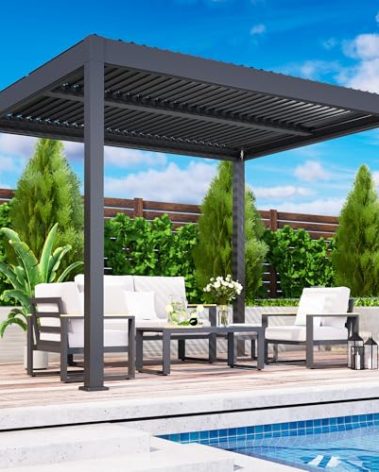 Louvered Pergola, 10' x 12' Outdoor Pergola, Metal Patio Gazebo with Adjustable Louvers Roof and Gutter System, Metal Hardtop Gazebo for Patio, Backyard, Deck, Garden, Dark Gray