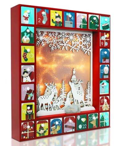 MorTime LED 24 Day Advent Calendar Decorated with 24 Storage Drawers, Red Wooden Countdown to Christmas Calendar