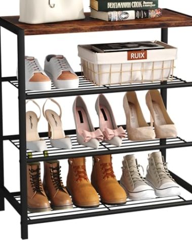 Yusong Shoe Rack Organizer, 4 Tier Industrial Shoe Storage Shelf, Narrow Sturdy Metal Shoe Shelves for Closet Entryway, Rustic Brown