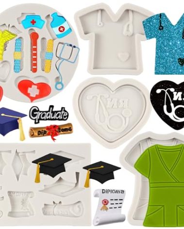 Nurse Graduation Fondant Molds Nurse Hat Stethoscope Thermometer Silicone Molds Diploma Graduation Cap Mold For Nurse Graduation Cake Decorating Cupcake Topper Chocolate Candy Set Of 5