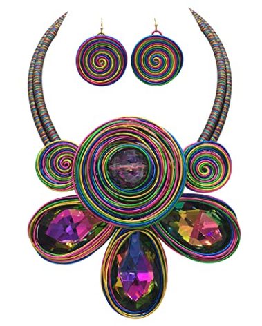 RUIYIMING Statement African Necklace For Women African Jewelry Costume Earring Sets Tribal Fashion Colorful Big Rhinestone Crystal Pendent Collar Choker Bold Chunky Bib Handmade (A colorful)