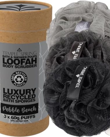 Temple Spring Recycled Luffa Sponges, Bathroom Shower Accessories, Loofa Bath Sponge, Exfoliating Body Scrubber Exfoliator Pouf, Shower Scrubber Puff, Poof, Loofah for Women, Loofah for Men - Grey
