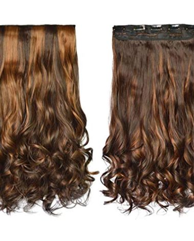 REECHO 20" 1-Pack 3/4 Full Head Curly Wave Clips in on Synthetic Hair Extensions HE008 Hairpieces for Women 5 Clips 4.5 Oz per Piece - Dark Brown with Chestnut Highlights