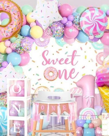 Daidle 1st Birthday Decorations for Girl, 128pcs Sweet One Birthday Party Decorations, Balloon Boxes, Party Backdrop, Photo Banner, Donuts Ice Cream Candy Balloons Garland