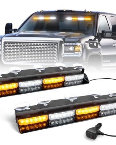 HLauto 6Z4J Emergency Dash Strobe Lights: 2x16.8 inch Amber White Safety Lights, 48 LED Flashing Warning Hazard Interior Windshield Visor Traffic Light Bars for Trucks, Construction Vehicles