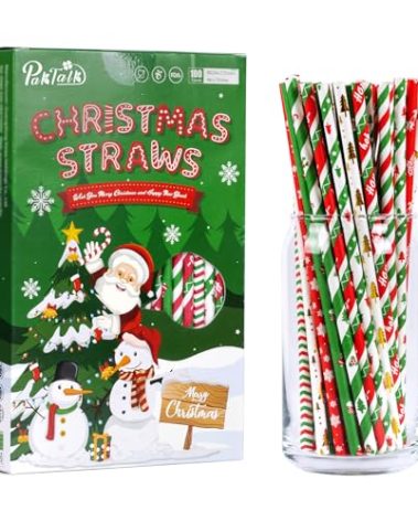 PakTalk Christmas Straws, 10 Styles 100 Red Green Gold Christmas Paper Straws Tree Snowflake Disposable Drinking Straws for Christmas, New Year, Holiday, Party Supply(0.24" x 7.75", 100 Pack)